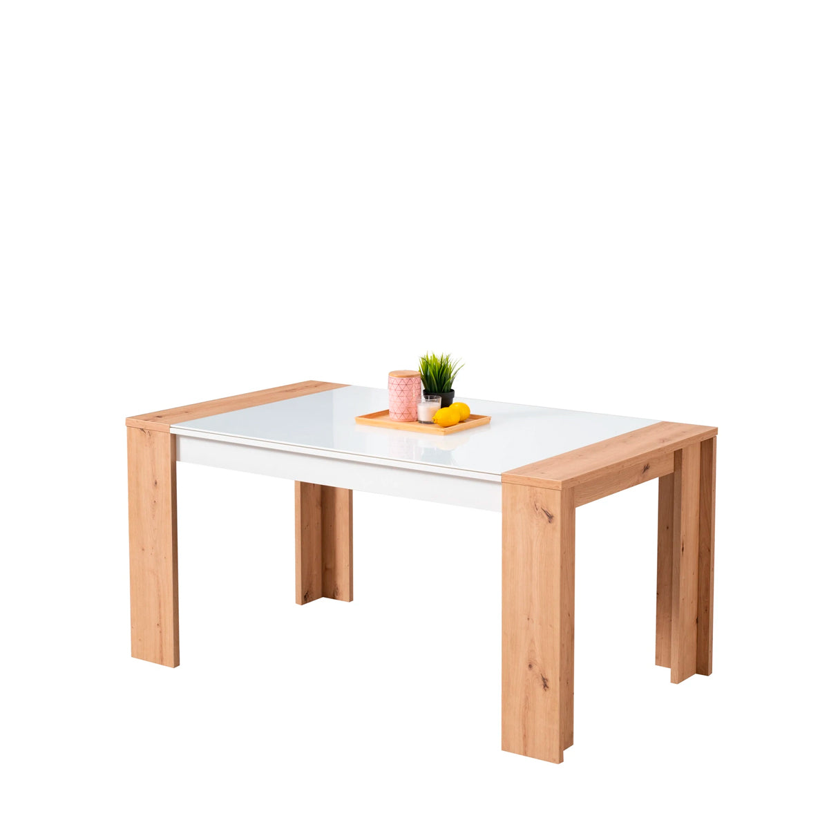 Mesa de comedor Asteria - Blanco Brillante y Color Madera - Tu Gow