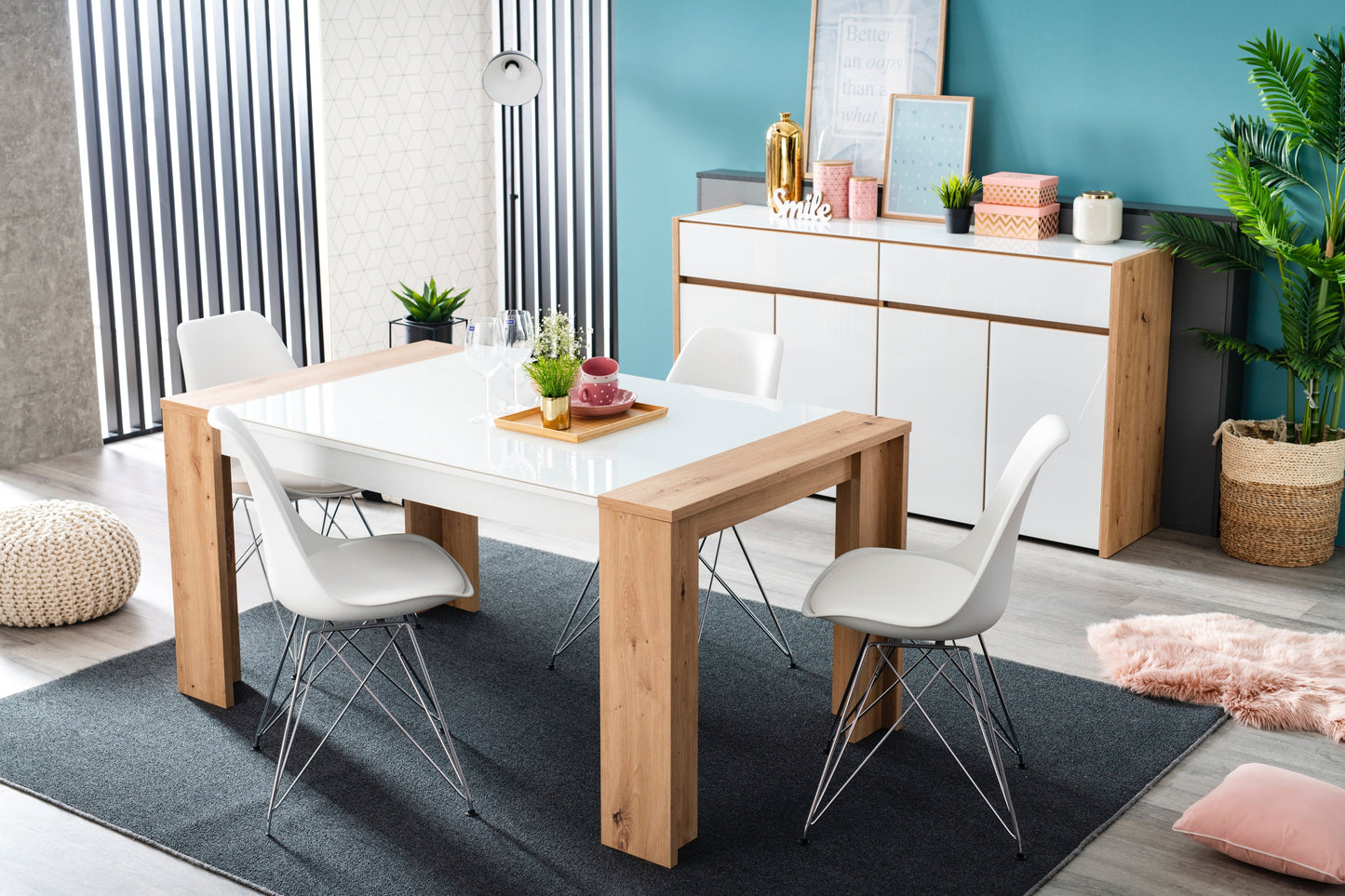 Mesa de comedor Asteria - Blanco Brillante y Color Madera - Tu Gow