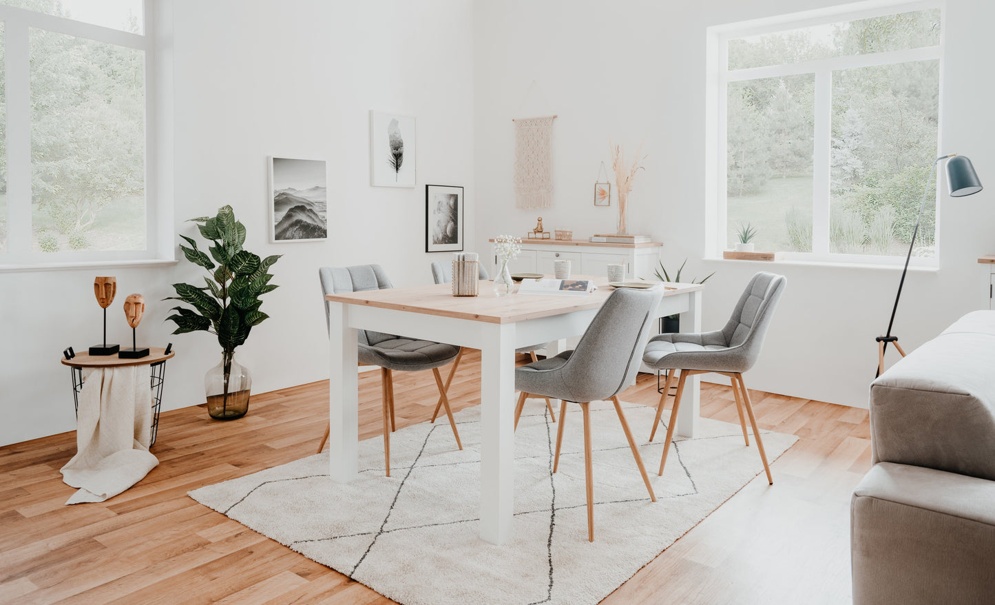 Mesa de comedor extensible Casiope - Blanco y Color Madera - Tugow