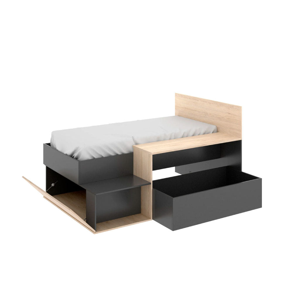Cama Individual Kaori - Color Madera y Gris Oscuro - Tugow