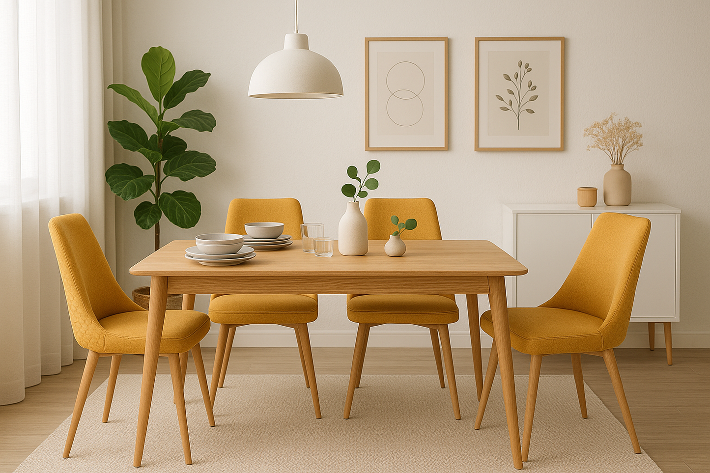 Mesa de comedor Yorda con 4 sillas Ksual - Madera y Mostaza