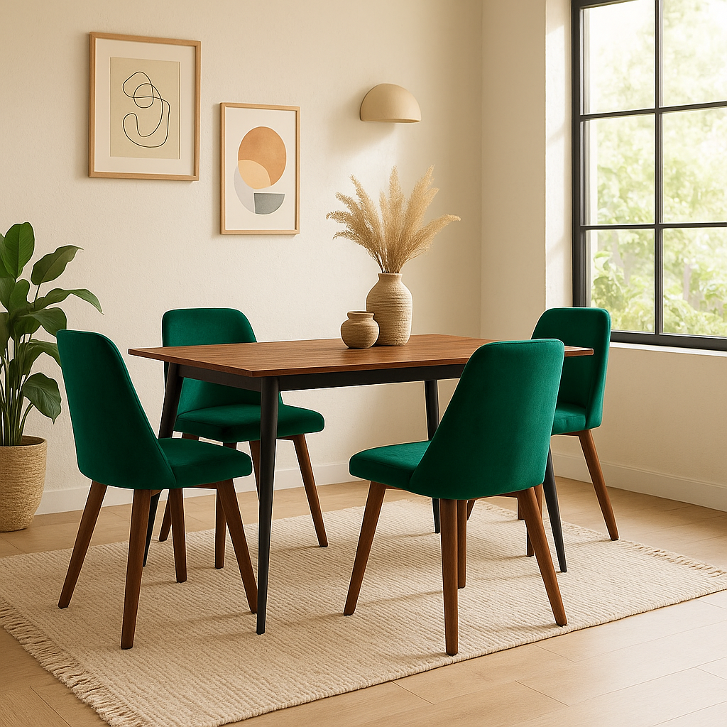 Mesa de comedor rectangular Miso con 4 sillas Alezia - Nogal, Negro y Verde