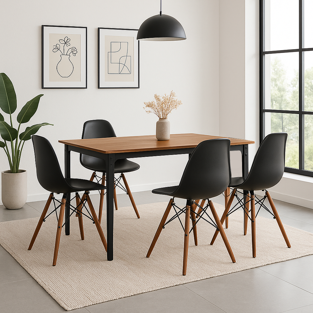 Mesa de comedor Sansa con 4 sillas Oslo - Nogal, Negro y Blanco
