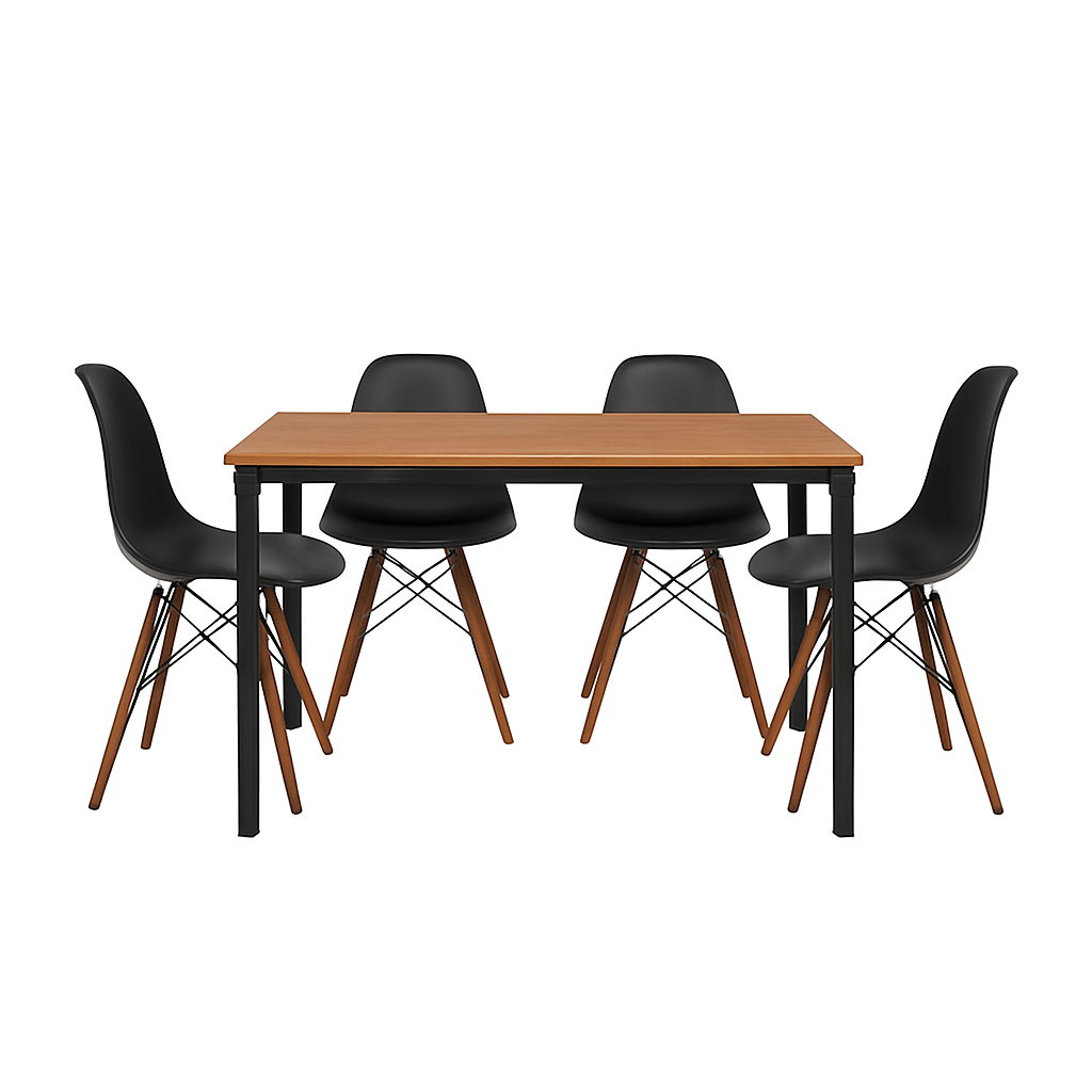 Mesa de comedor Sansa con 4 sillas Oslo - Nogal, Negro y Blanco