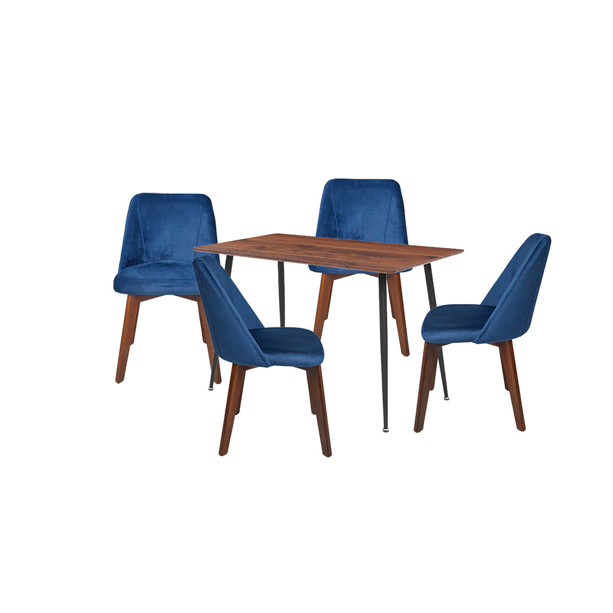 Mesa de comedor rectangular Miso con 4 sillas Alezia - Nogal, Negro y Azul