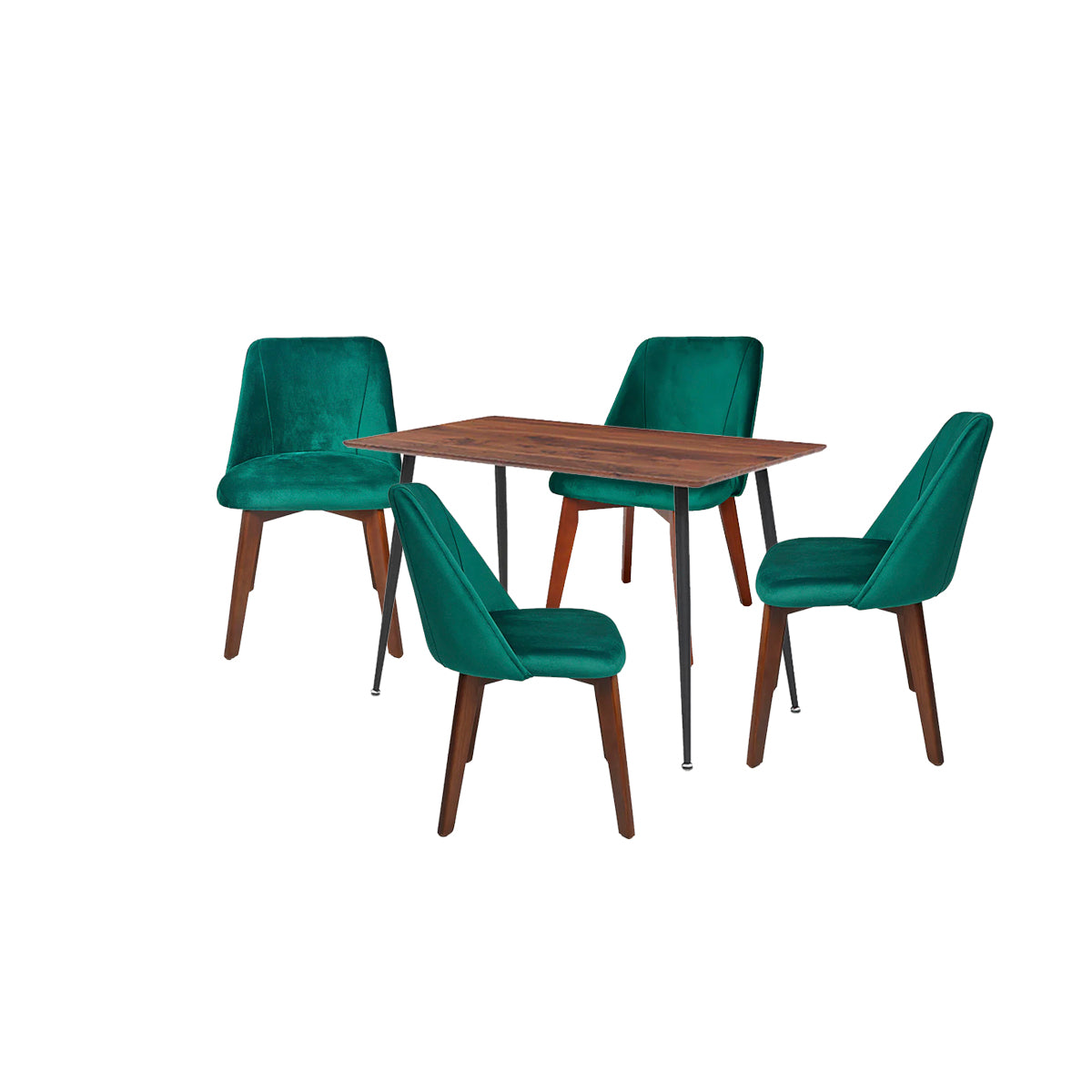 Mesa de comedor rectangular Miso con 4 sillas Alezia - Nogal, Negro y Verde