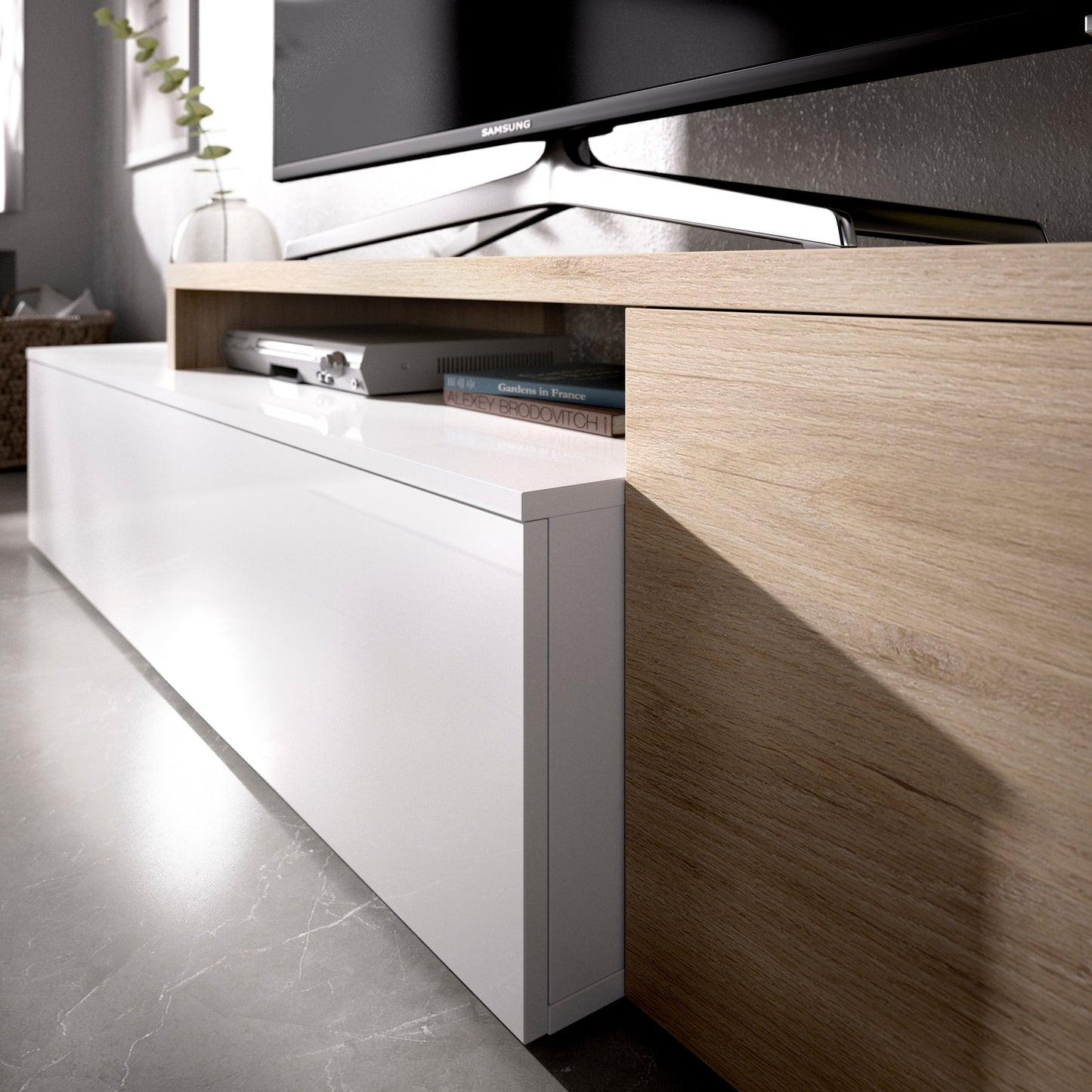 Mueble para tv Kely - Color Madera y Blanco Brillante - Tu Gow