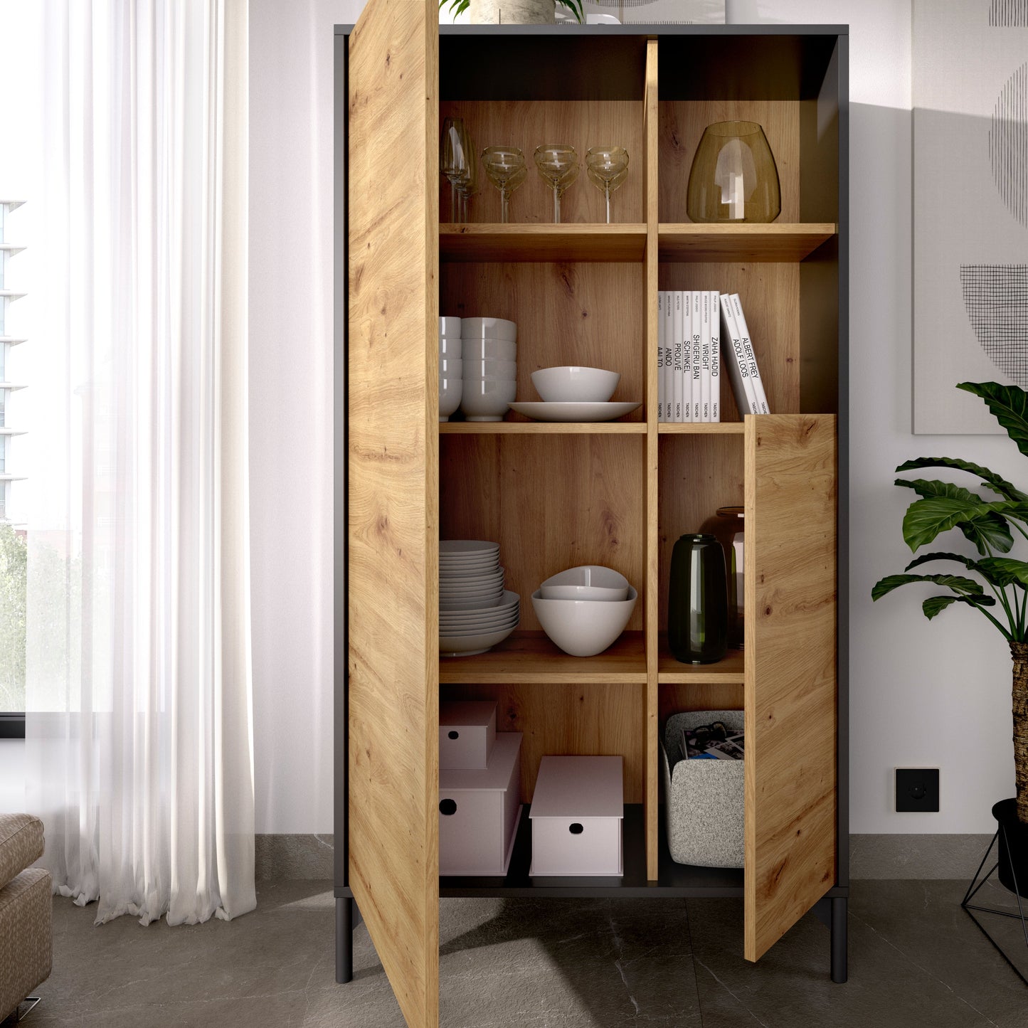 Vitrina 2 puertas Lak- Color madera y Gris - Tugow