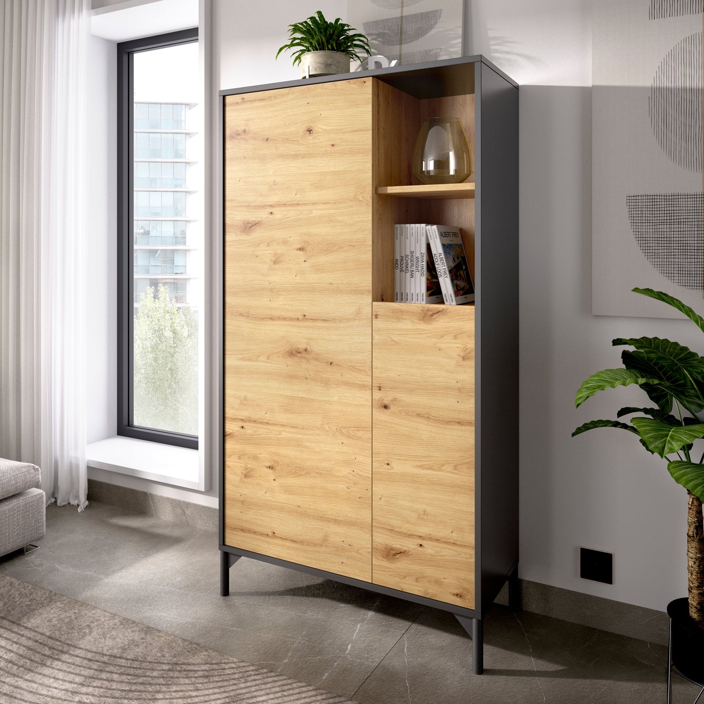 Vitrina 2 puertas Lak- Color madera y Gris - Tugow