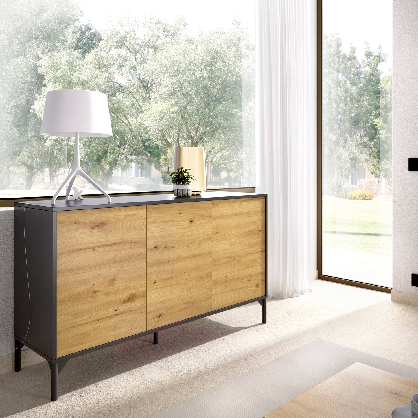 Credenza 3 puertas Lak- Color madera y Gris - Tugow