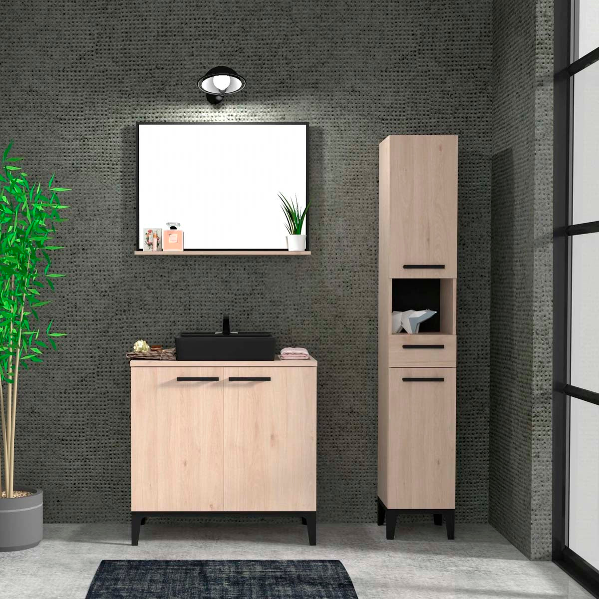 Conjunto mueble de baño espejo Kendo - Color Madera y Negro - Tu Gow