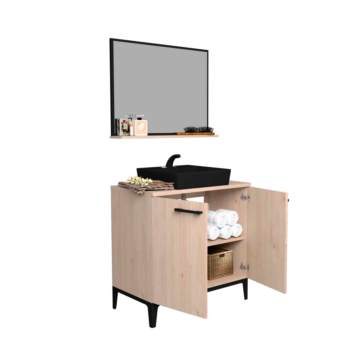 Conjunto mueble de baño espejo Kendo - Color Madera y Negro - Tu Gow