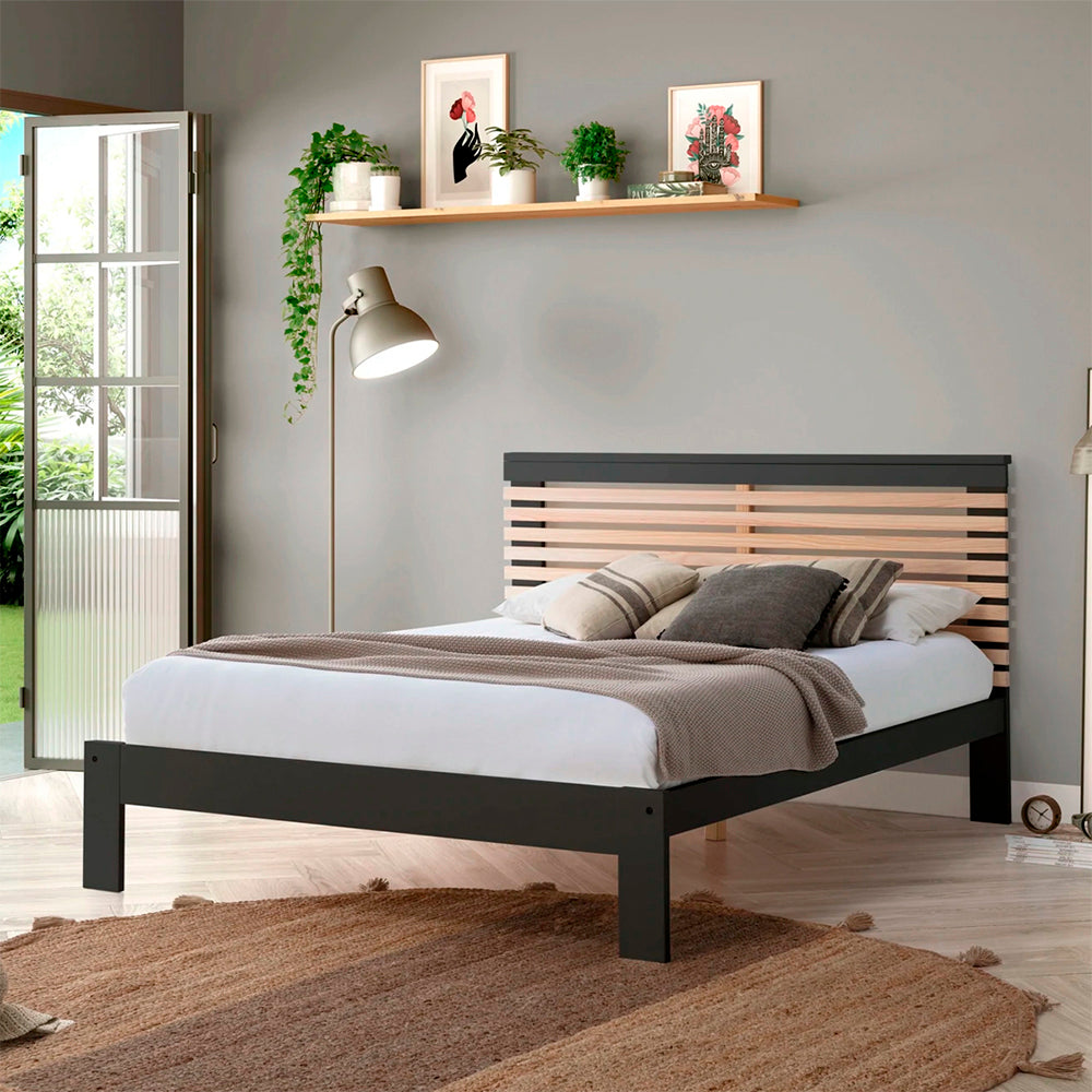 Cama matrimonial Maru - Gris Oscuro y Madera - Tugow