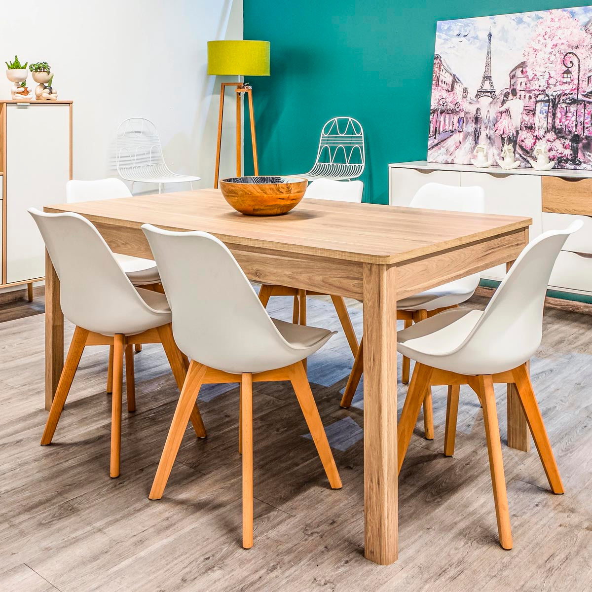 Mesa color roble con 6 sillas blancas - Tu Gow