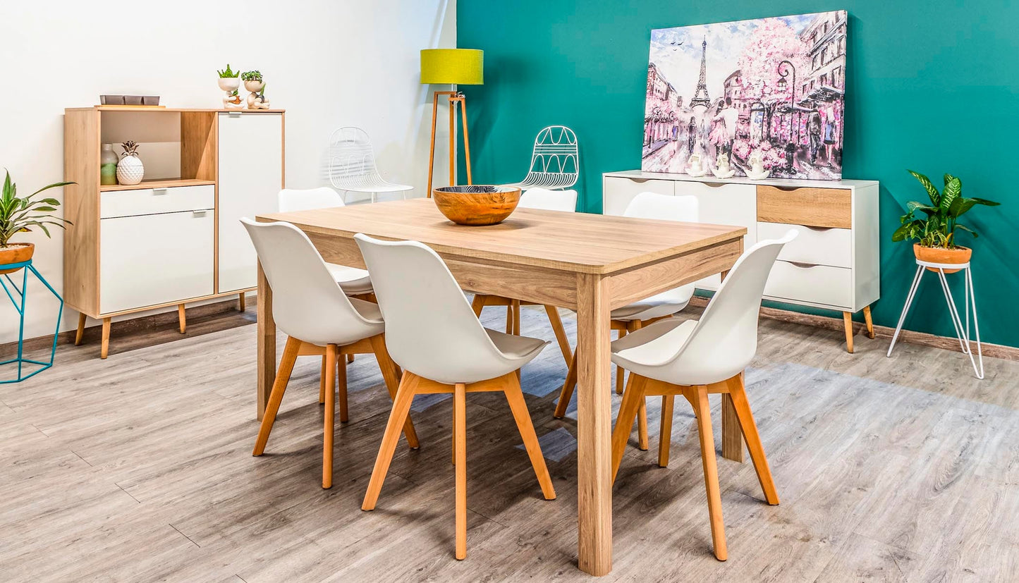 Mesa color roble con 6 sillas blancas - Tu Gow