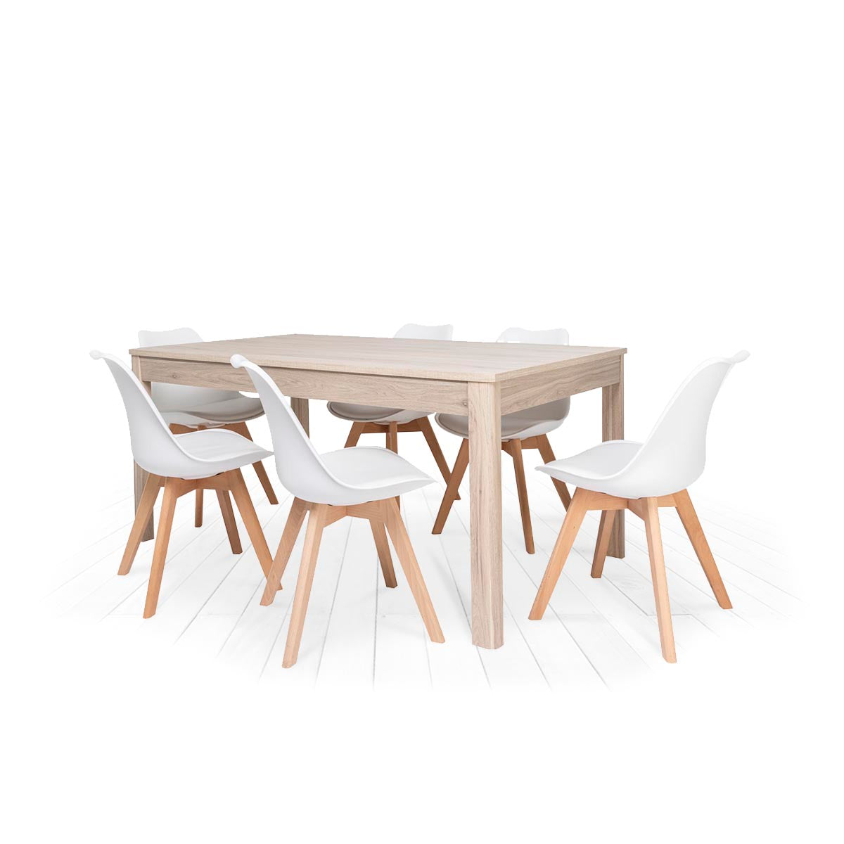 Mesa color roble con 6 sillas blancas - Tu Gow
