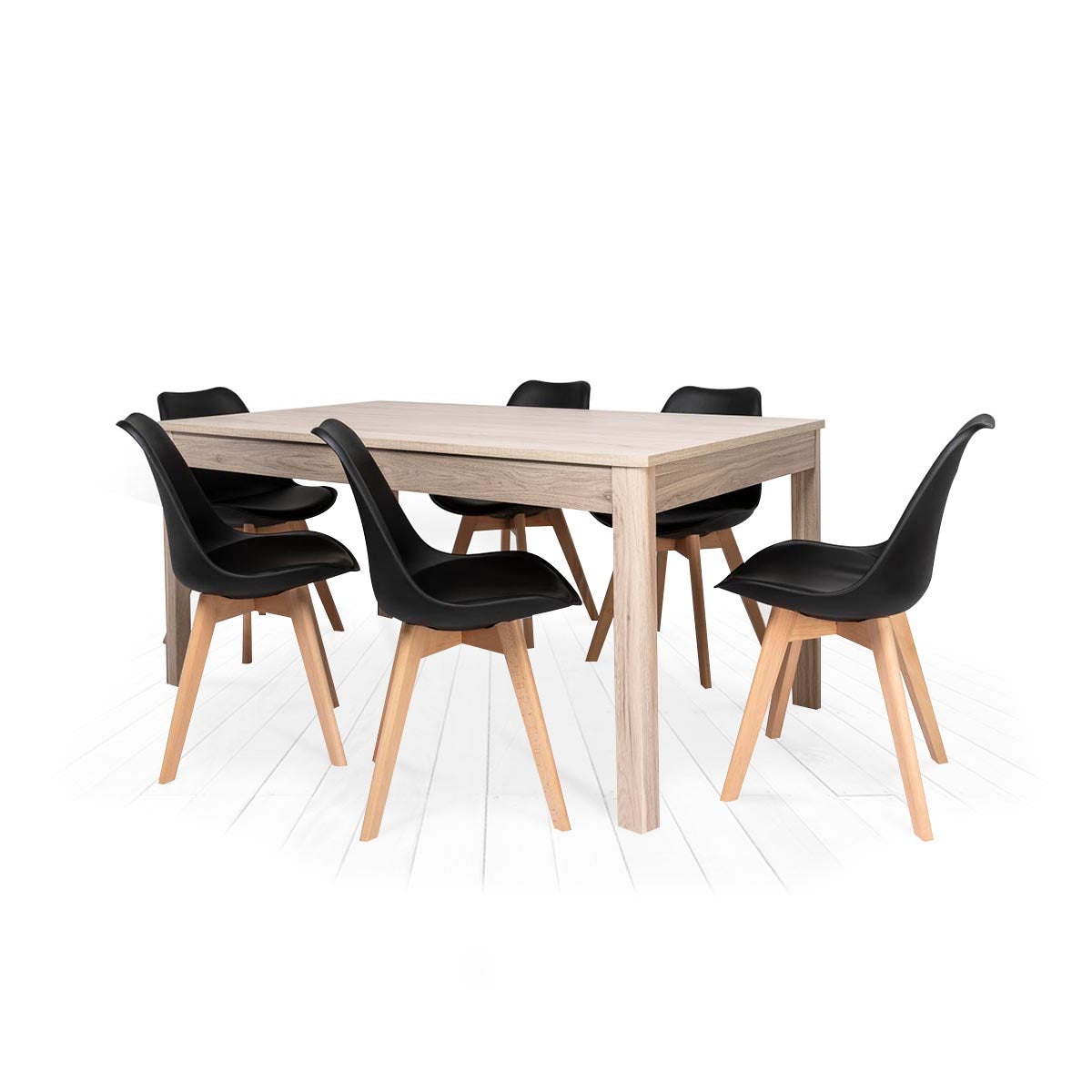 Mesa color color roble con 6 sillas negras - Tu Gow