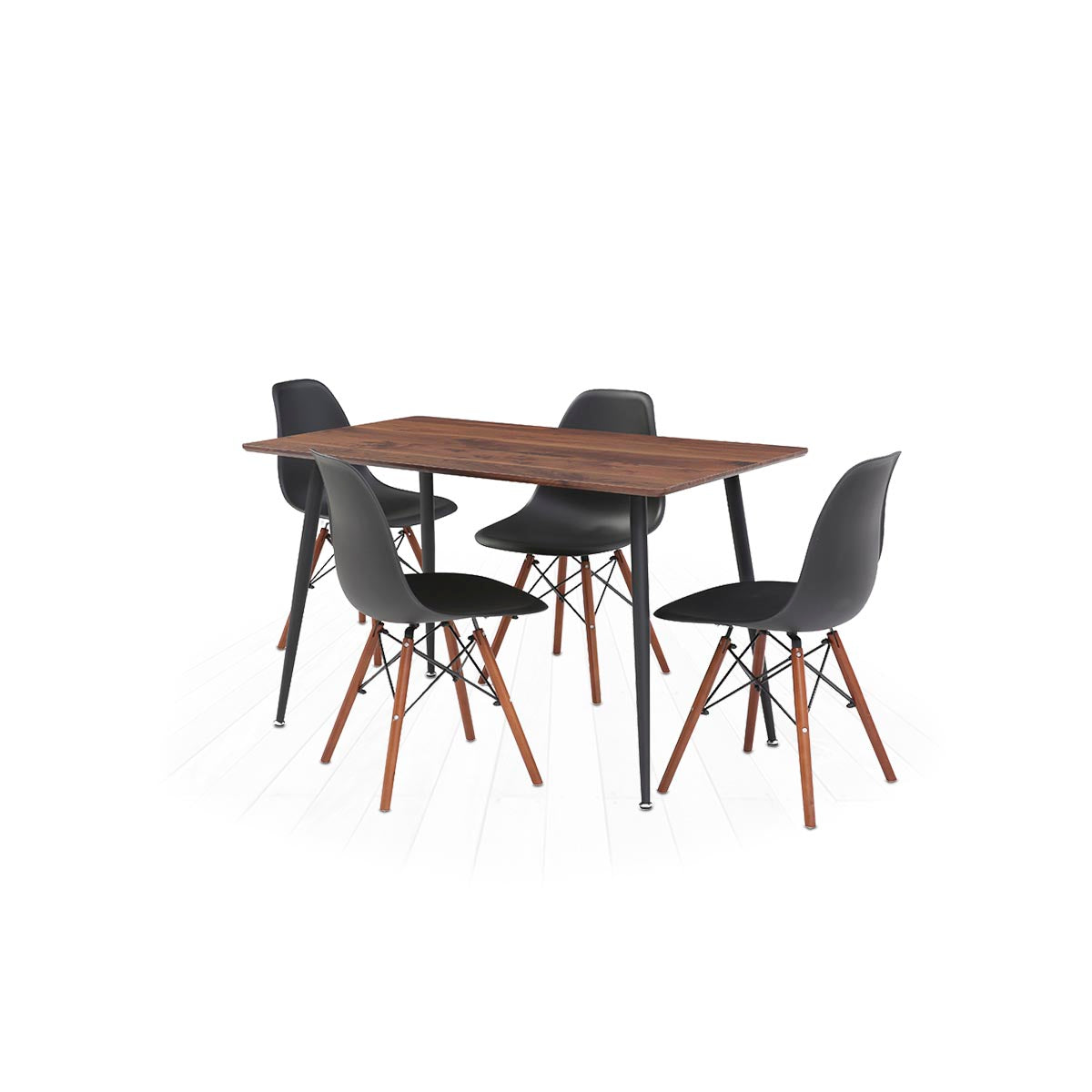 Mesa rectangular nogal con 4 sillas negras con patas nogal - Tu Gow