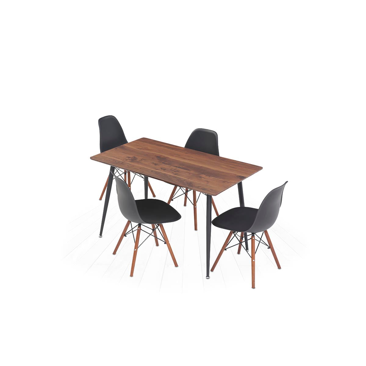 Mesa rectangular nogal con 4 sillas negras con patas nogal - Tu Gow
