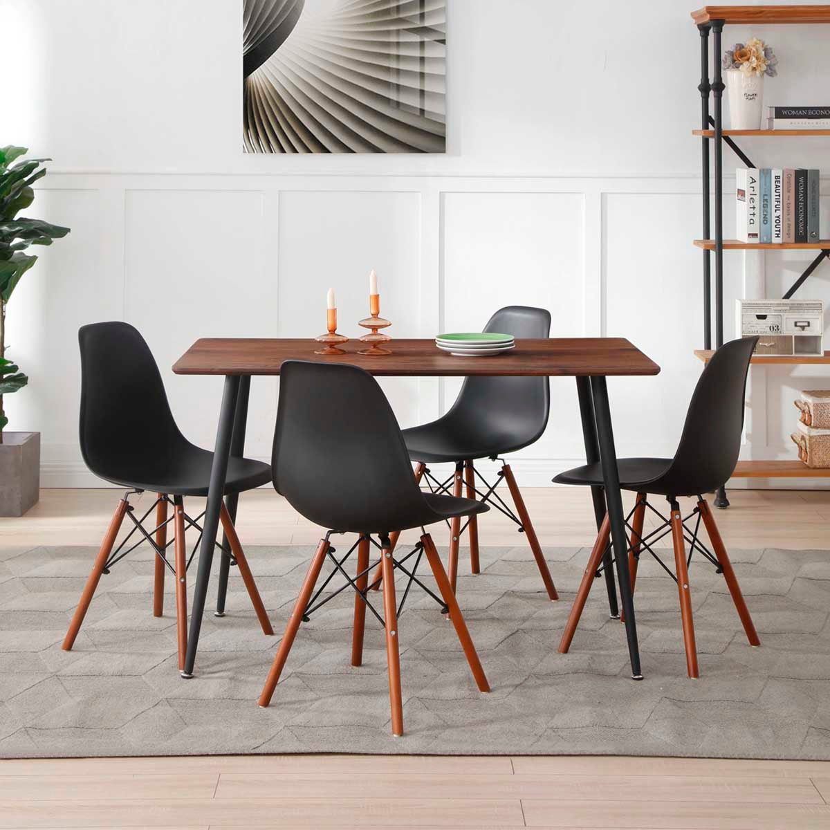 Mesa rectangular nogal con 4 sillas negras con patas nogal - Tu Gow