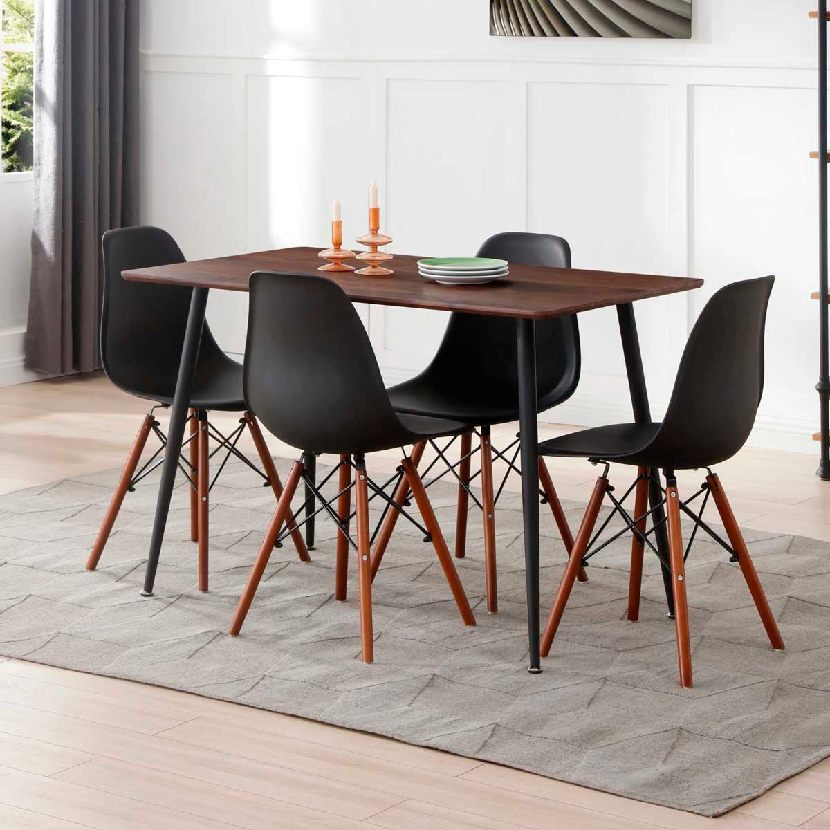 Mesa rectangular nogal con 4 sillas negras con patas nogal - Tu Gow
