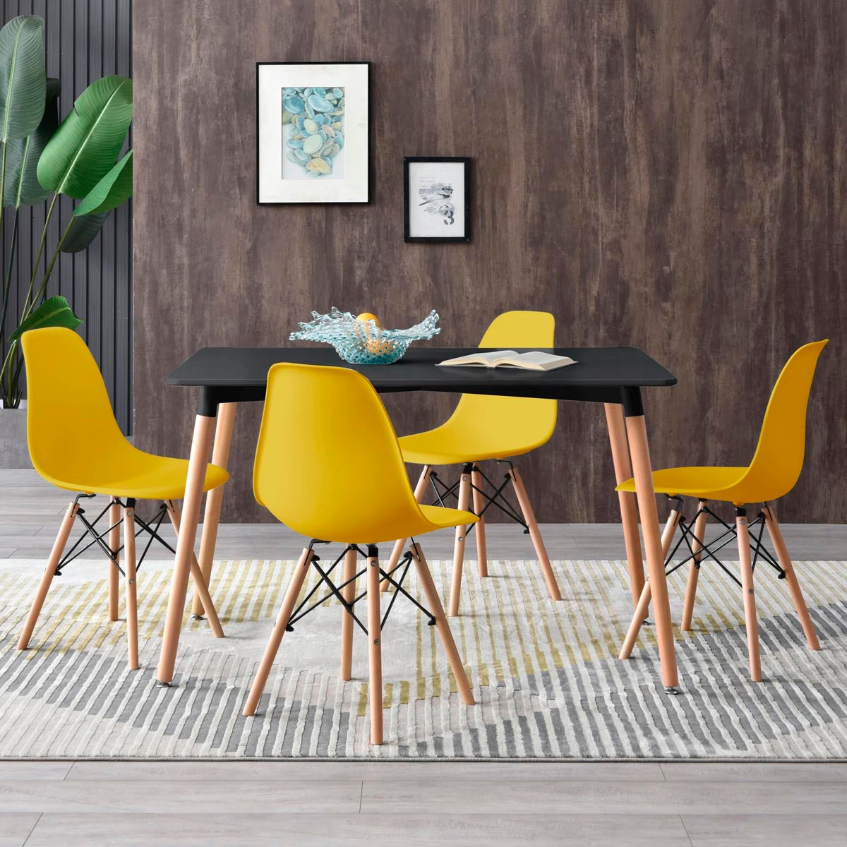 Mesa rectangular negra con 4 sillas amarillas - Tu Gow