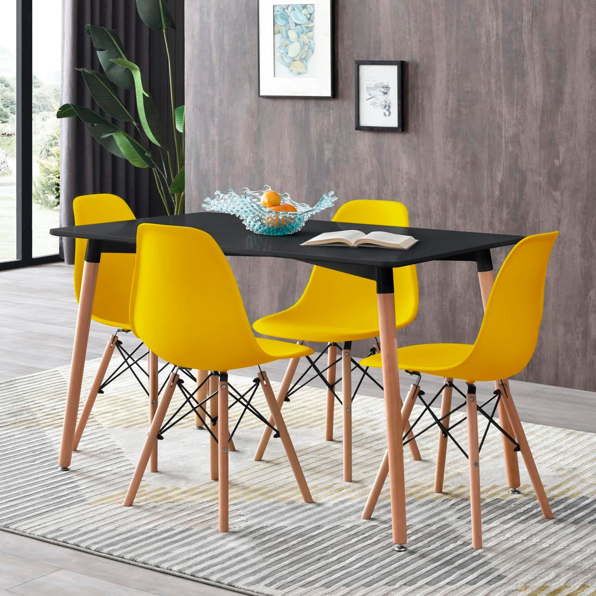 Mesa rectangular negra con 4 sillas amarillas - Tu Gow