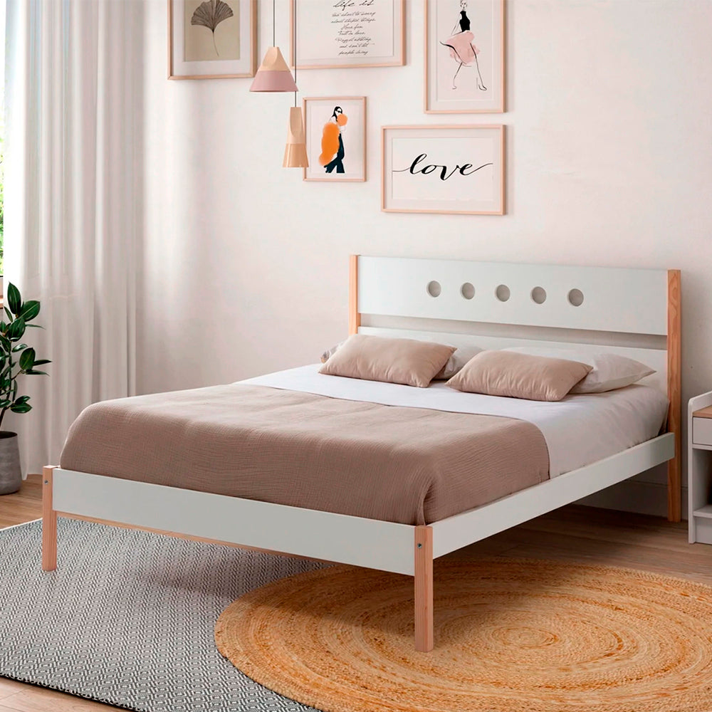 Cama matrimonial Narnia - Blanco y Madera - Tugow