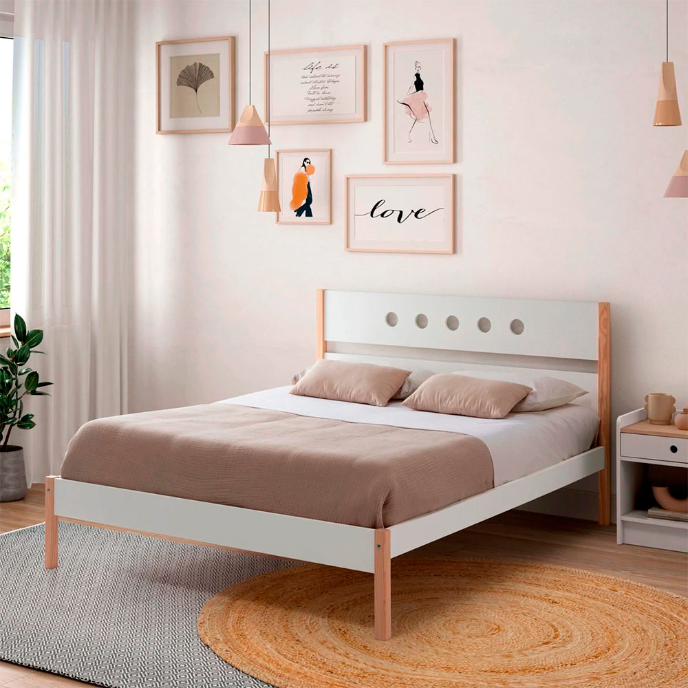 Cama matrimonial Narnia - Blanco y Madera - Tugow