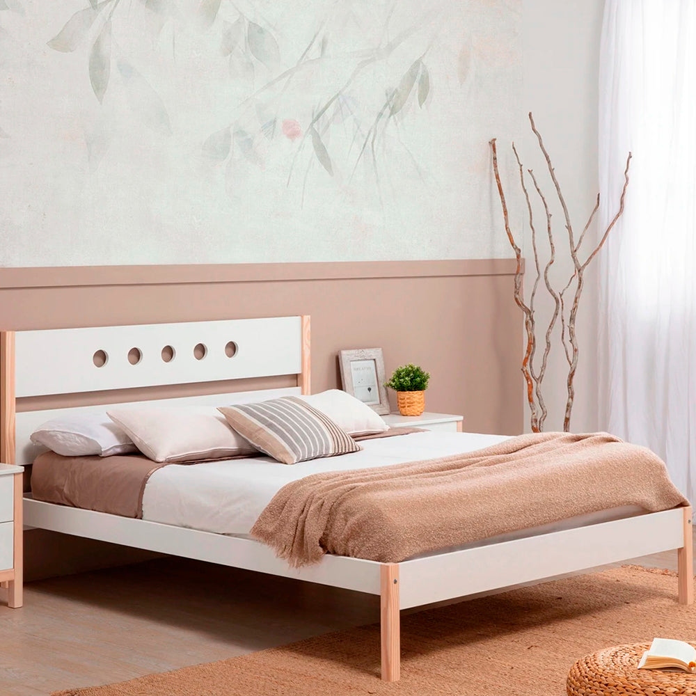 Cama matrimonial Narnia - Blanco y Madera - Tugow