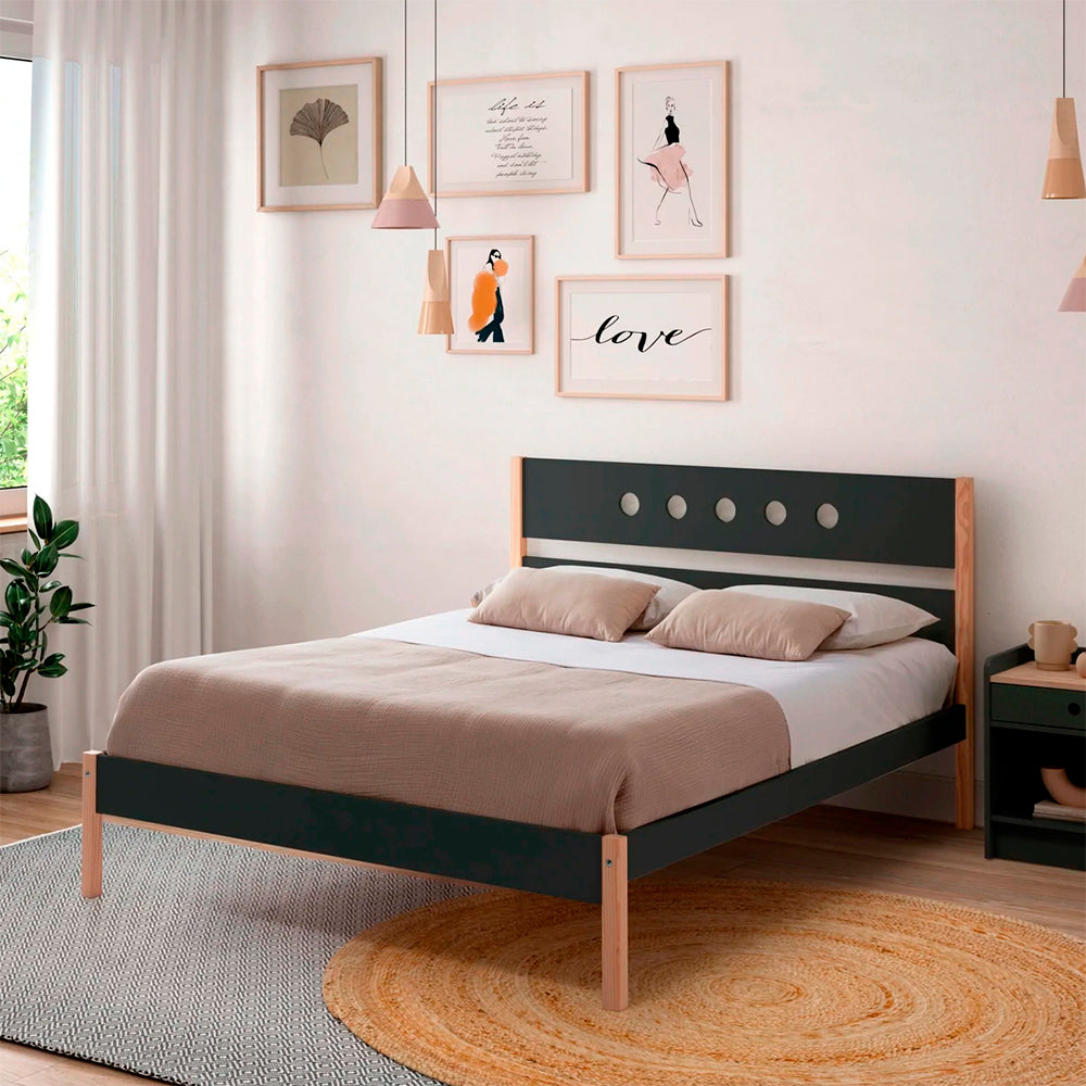 Cama matrimonial Narnia - Gris Oscuro y Madera - Tugow
