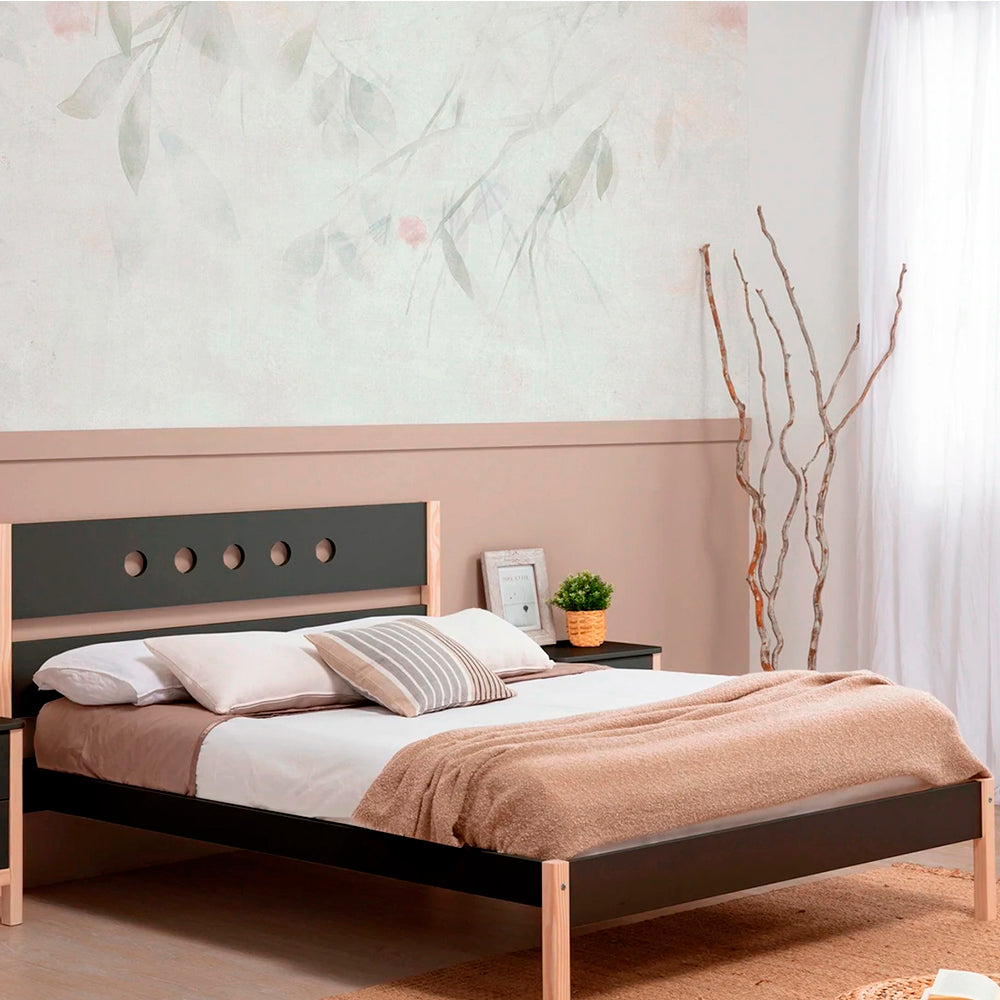 Cama matrimonial Narnia - Gris Oscuro y Madera - Tugow