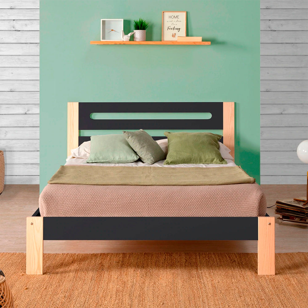 Cama matrimonial Neil - Gris Oscuro y Madera - Tugow