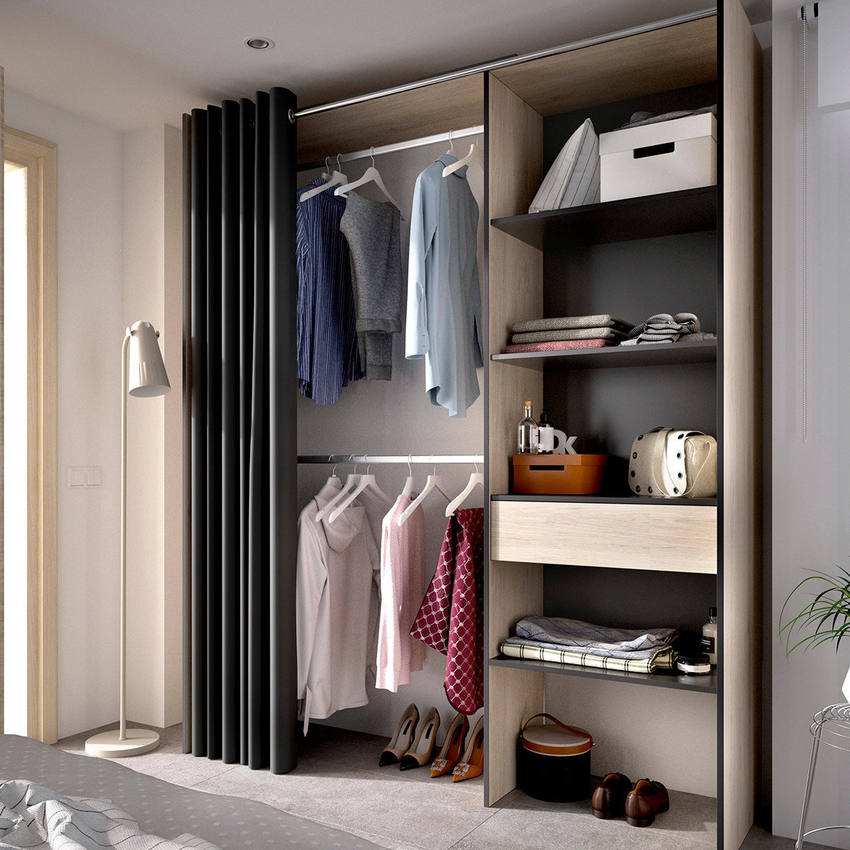 Clóset Nozomi de 160cm - Color Madera y Gris Oscuro - Tu Gow