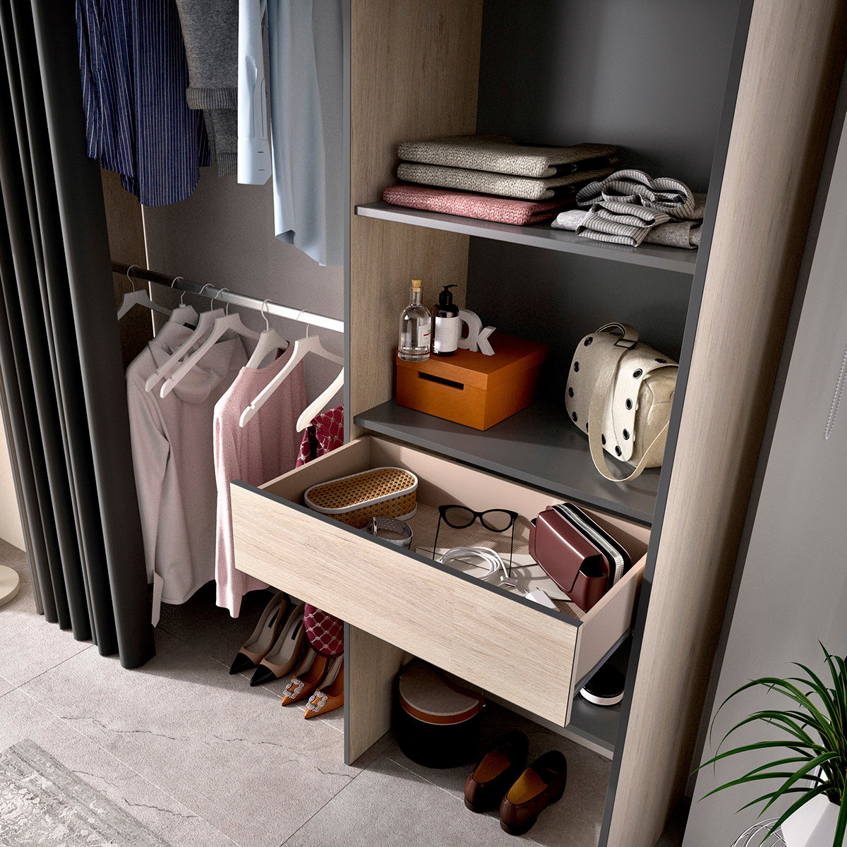 Clóset Nozomi de 160cm - Color Madera y Gris Oscuro - Tu Gow