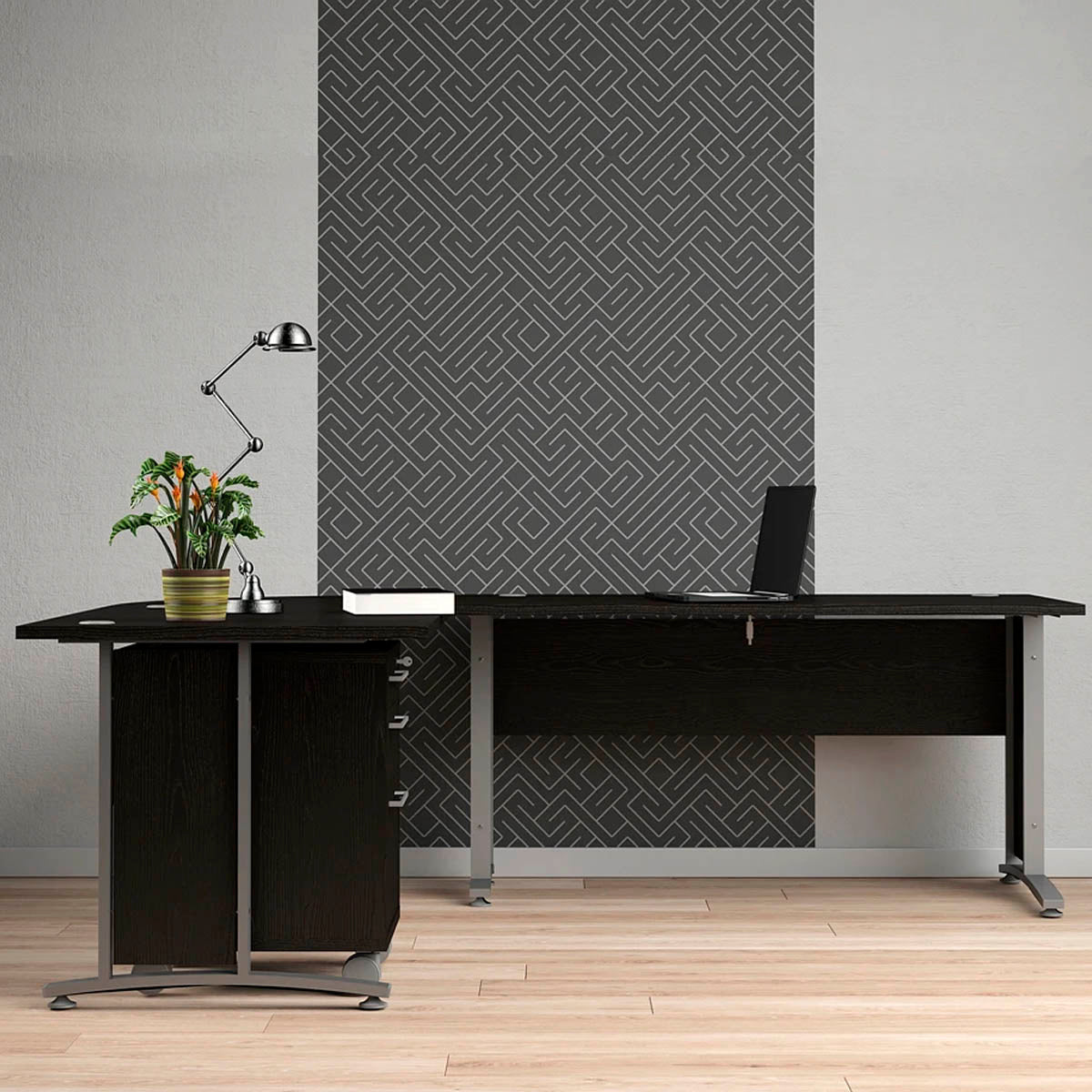 Set negro de dos escritorios con un archivero - Tu Gow