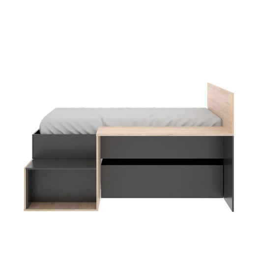 Cama Individual Kaori - Color Madera y Gris Oscuro - Tugow