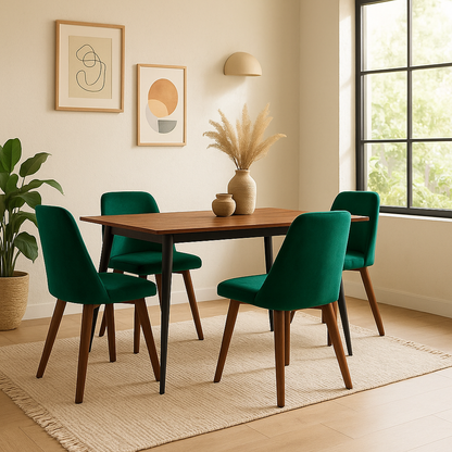 Mesa de comedor rectangular Miso con 4 sillas Alezia - Nogal, Negro y Verde