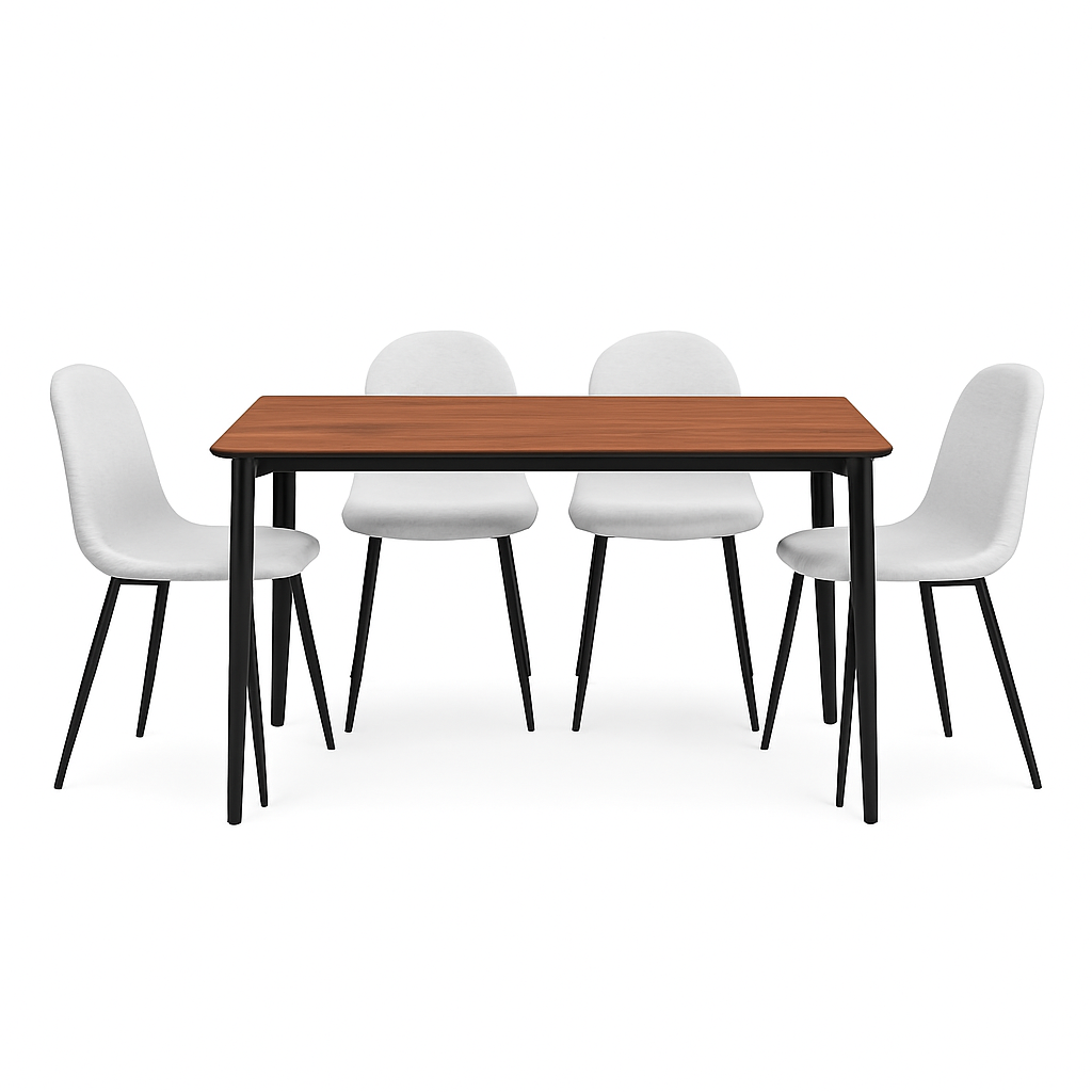 Mesa de comedor Sansa con 4 sillas Boucle - Nogal, Negro y Blanco