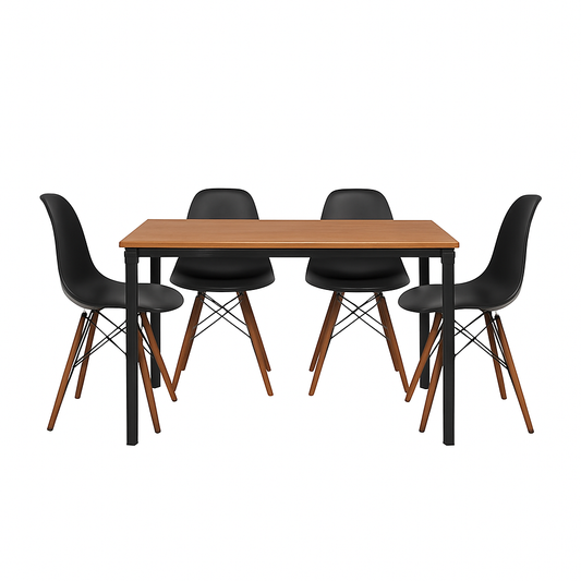 Mesa de comedor Sansa con 4 sillas Oslo - Nogal, Negro y Blanco