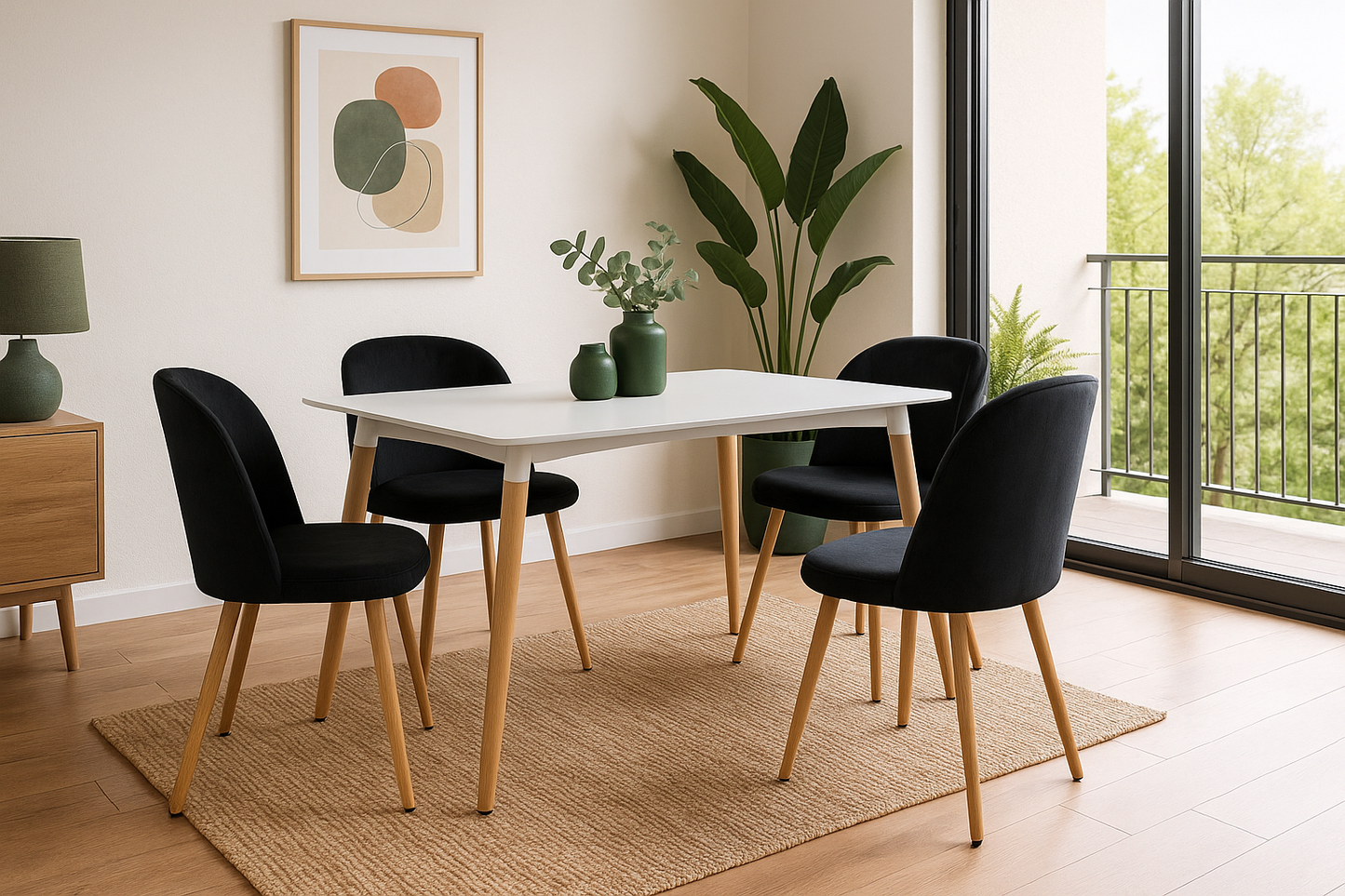 Mesa rectangular Munich con 4 sillas Elisa - Blanco y Negro
