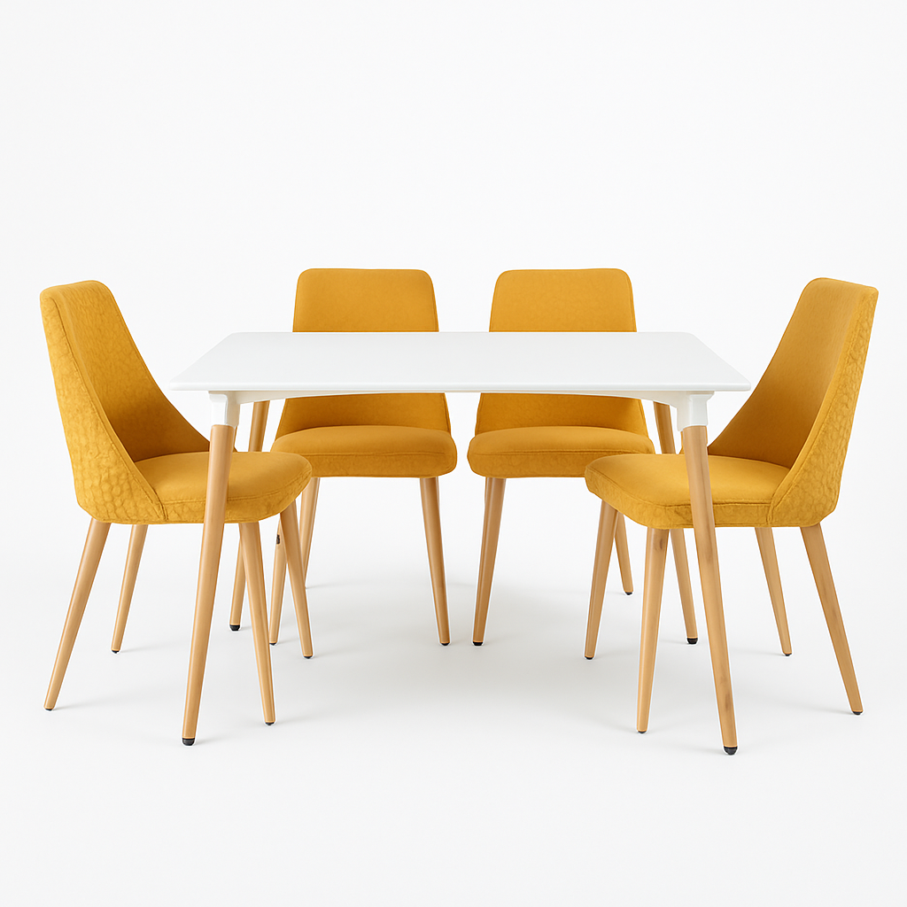 Mesa rectangular Munich con 4 sillas Ksual - Blanco y  Mostaza