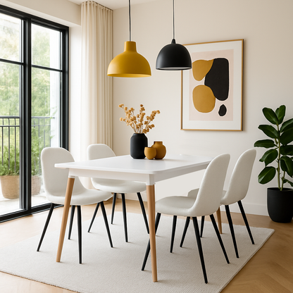 Mesa rectangular Munich con 4 sillas Boucle - Blanco