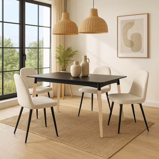Mesa rectangular Munich con 4 sillas Boucle - Negro y Blanco