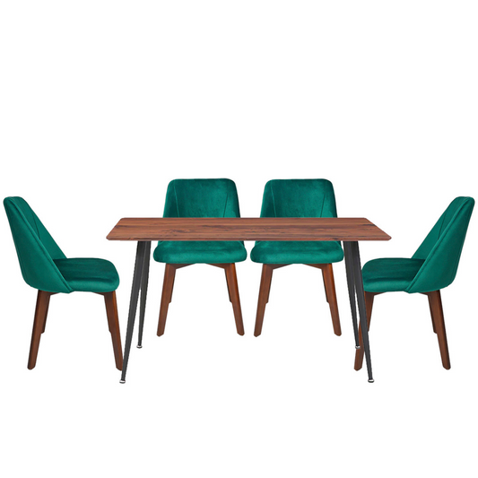 Mesa de comedor rectangular Miso con 4 sillas Alezia - Nogal, Negro y Verde