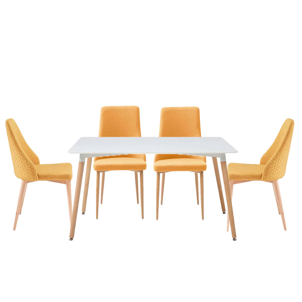 Mesa rectangular Munich con 4 sillas Ksual - Blanco y  Mostaza