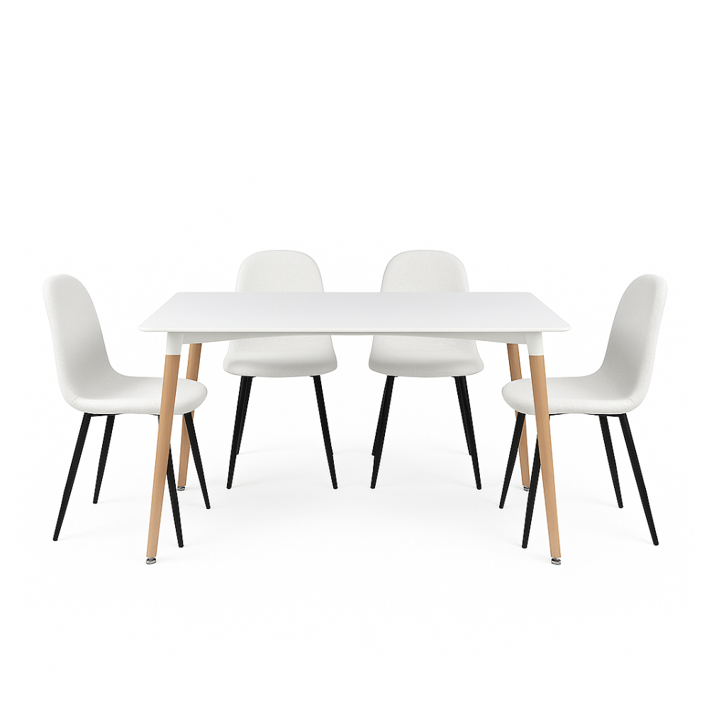 Mesa rectangular Munich con 4 sillas Boucle - Blanco
