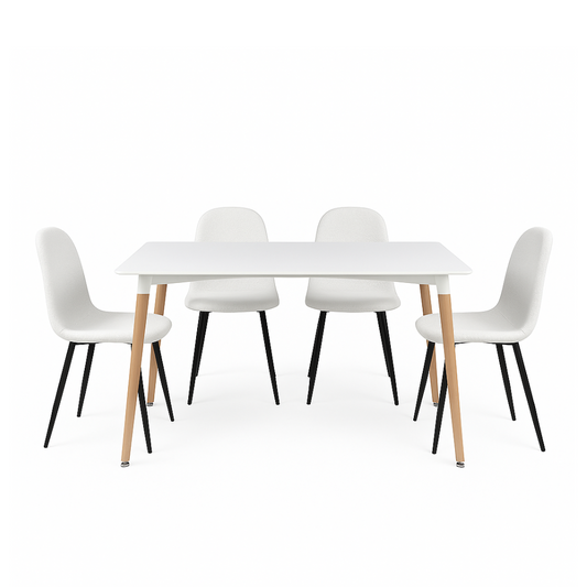 Mesa rectangular Munich con 4 sillas Boucle - Blanco