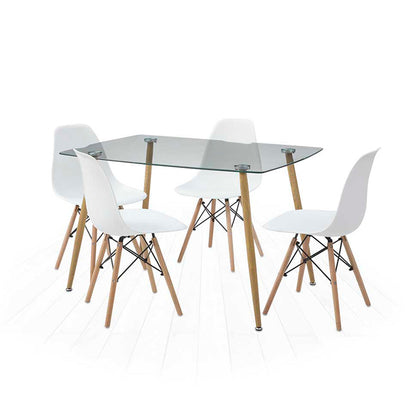 Comedor Dortmund con 4 sillas Oslo - Cristal y Blanco - Tugow