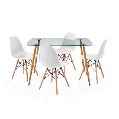 Comedor Dortmund con 4 sillas Oslo - Cristal y Blanco - Tugow